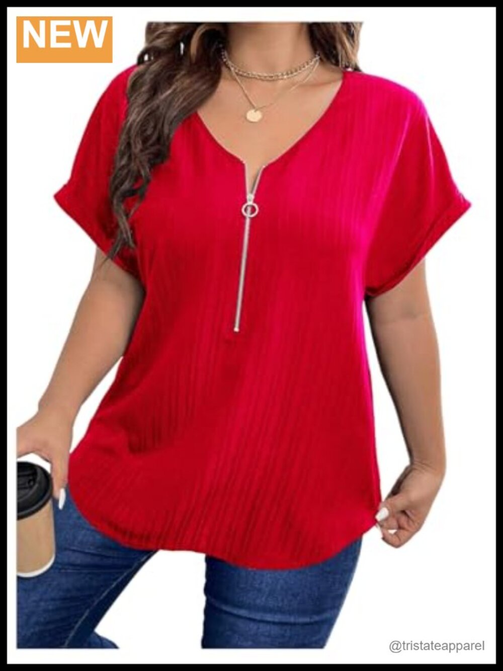 Plus Size V Neck Textured Blouse with Zipper, Rolled Sleeves